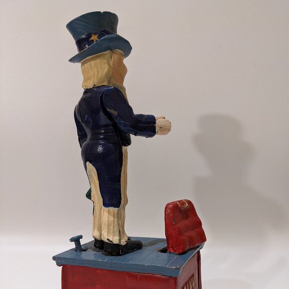 Vintage Cast Iron Uncle Sam Coin Bank Americana Patriotic Decor Red White & Blue - Picture 4 of 11